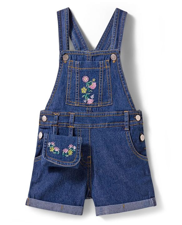 Babyhug Single Jersey Knit Denim Dungaree & Half Sleeves T-Shirt With Floral Print - White & Blue