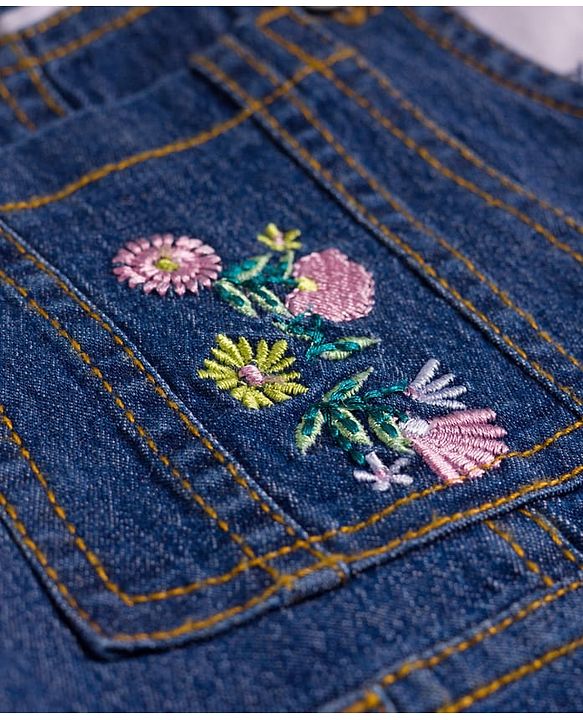 Babyhug Single Jersey Knit Denim Dungaree & Half Sleeves T-Shirt With Floral Print - White & Blue