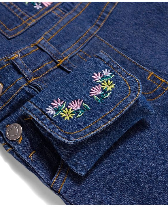 Babyhug Single Jersey Knit Denim Dungaree & Half Sleeves T-Shirt With Floral Print - White & Blue