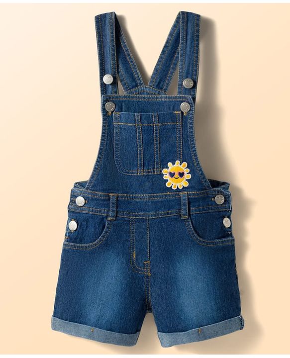 Babyhug Single Jersey Knit Cap Sleeves Sun Printed Tee & Denim Dungaree Set with Embroidery - Blue & White
