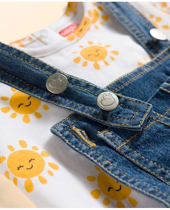 Babyhug Single Jersey Knit Cap Sleeves Sun Printed Tee & Denim Dungaree Set with Embroidery - Blue & White