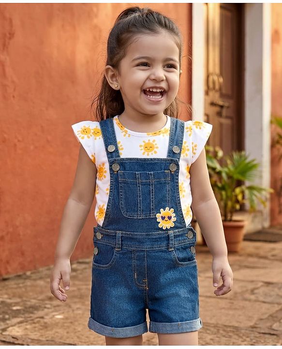 Babyhug Single Jersey Knit Cap Sleeves Sun Printed Tee & Denim Dungaree Set with Embroidery - Blue & White