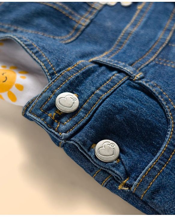 Babyhug Single Jersey Knit Cap Sleeves Sun Printed Tee & Denim Dungaree Set with Embroidery - Blue & White