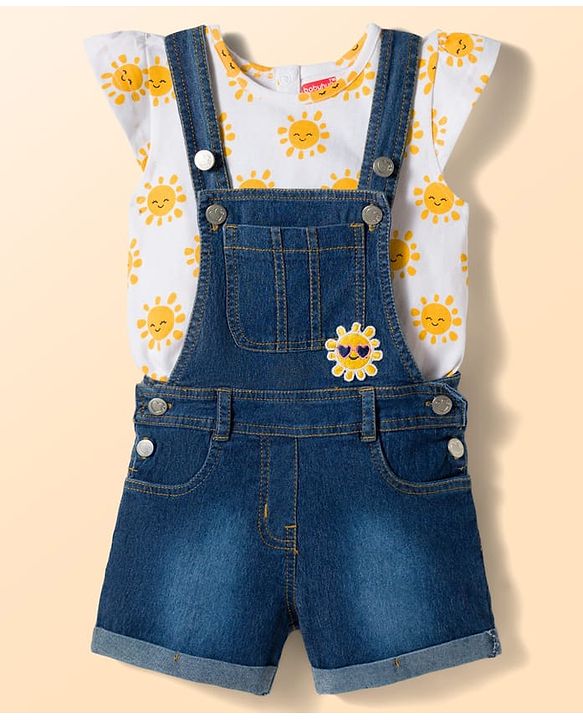 Babyhug Single Jersey Knit Cap Sleeves Sun Printed Tee & Denim Dungaree Set with Embroidery - Blue & White