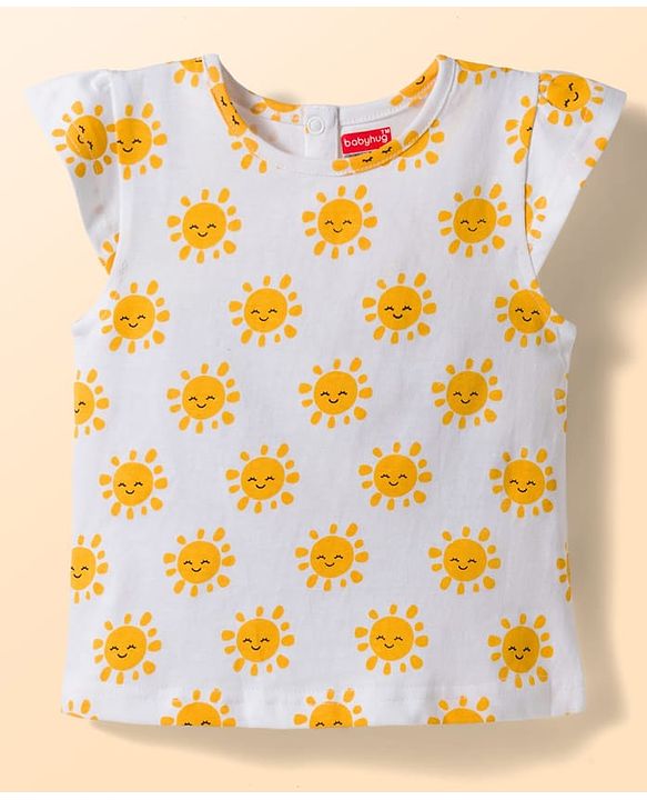 Babyhug Single Jersey Knit Cap Sleeves Sun Printed Tee & Denim Dungaree Set with Embroidery - Blue & White