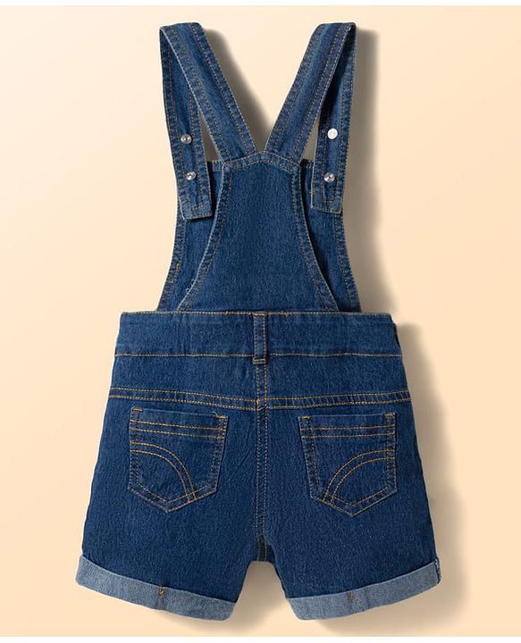 Babyhug Single Jersey Knit Cap Sleeves Sun Printed Tee & Denim Dungaree Set with Embroidery - Blue & White