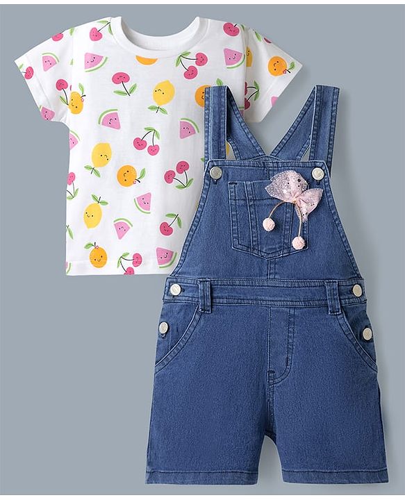 Babyhug 100% Cotton Single Jersey Denim Dungaree & Knit Fruits Printed Half Sleeves T-Shirt -White