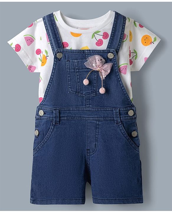 Babyhug 100% Cotton Single Jersey Denim Dungaree & Knit Fruits Printed Half Sleeves T-Shirt -White