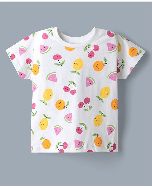 Babyhug 100% Cotton Single Jersey Denim Dungaree & Knit Fruits Printed Half Sleeves T-Shirt -White