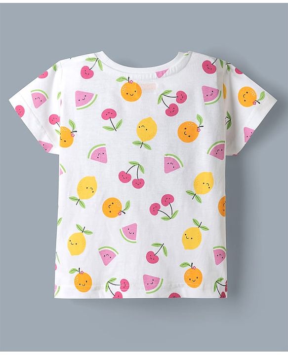 Babyhug 100% Cotton Single Jersey Denim Dungaree & Knit Fruits Printed Half Sleeves T-Shirt -White