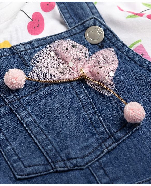 Babyhug 100% Cotton Single Jersey Denim Dungaree & Knit Fruits Printed Half Sleeves T-Shirt -White
