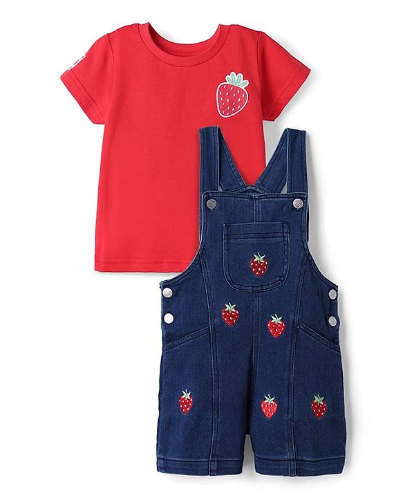 Babyhug 100% Cotton Single Jersey Knit Strawberry Embroidered Dungaree With Half Sleeves Inner Tee - Red & Blue