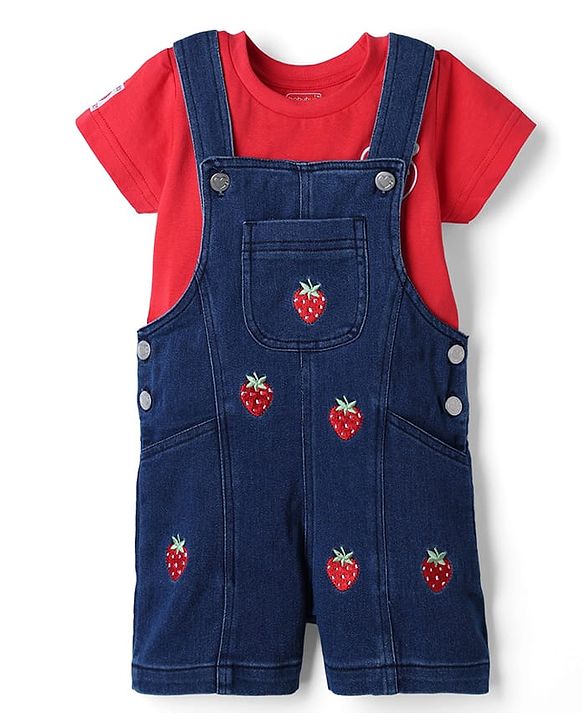 Babyhug 100% Cotton Single Jersey Knit Strawberry Embroidered Dungaree With Half Sleeves Inner Tee - Red & Blue