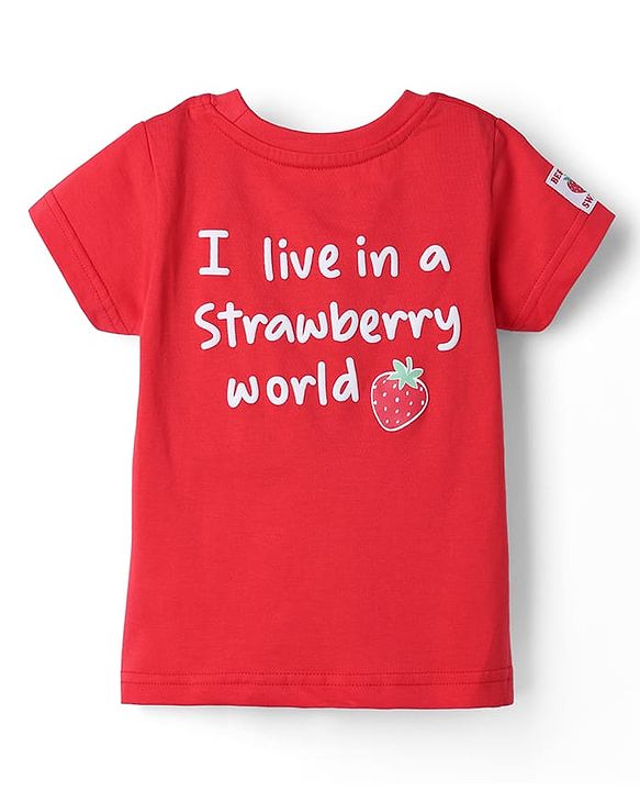 Babyhug 100% Cotton Single Jersey Knit Strawberry Embroidered Dungaree With Half Sleeves Inner Tee - Red & Blue