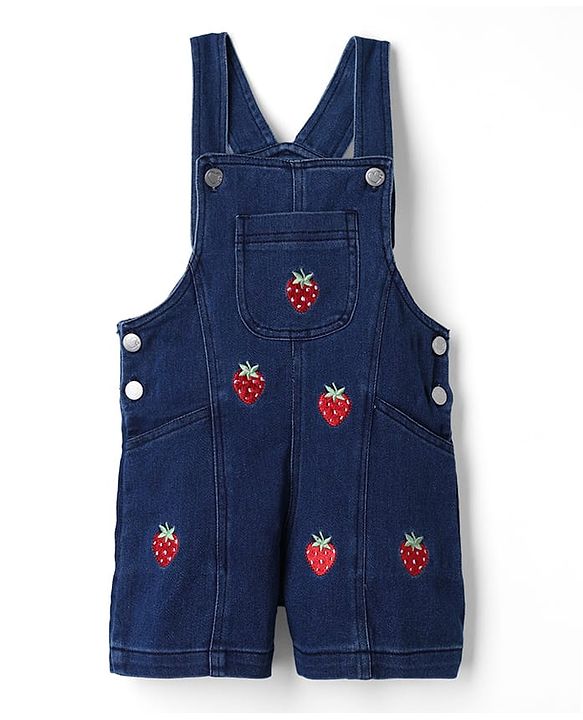 Babyhug 100% Cotton Single Jersey Knit Strawberry Embroidered Dungaree With Half Sleeves Inner Tee - Red & Blue