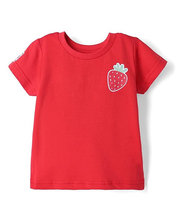 Babyhug 100% Cotton Single Jersey Knit Strawberry Embroidered Dungaree With Half Sleeves Inner Tee - Red & Blue