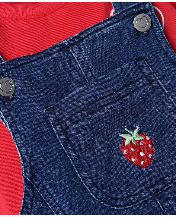 Babyhug 100% Cotton Single Jersey Knit Strawberry Embroidered Dungaree With Half Sleeves Inner Tee - Red & Blue