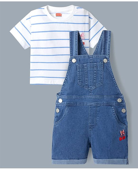 Babyhug 100% Cotton Single Jersey Denim Dungaree & Knit Striped Half Sleeves T-Shirt with Heart Print & Embroidery- Blue