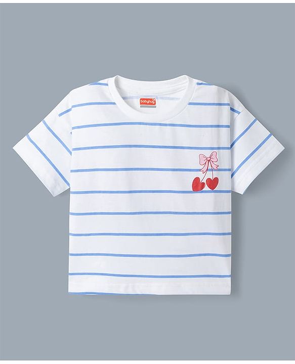 Babyhug 100% Cotton Single Jersey Denim Dungaree & Knit Striped Half Sleeves T-Shirt with Heart Print & Embroidery- Blue