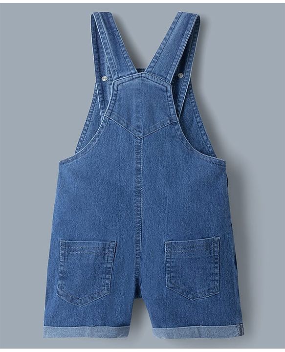 Babyhug 100% Cotton Single Jersey Denim Dungaree & Knit Striped Half Sleeves T-Shirt with Heart Print & Embroidery- Blue