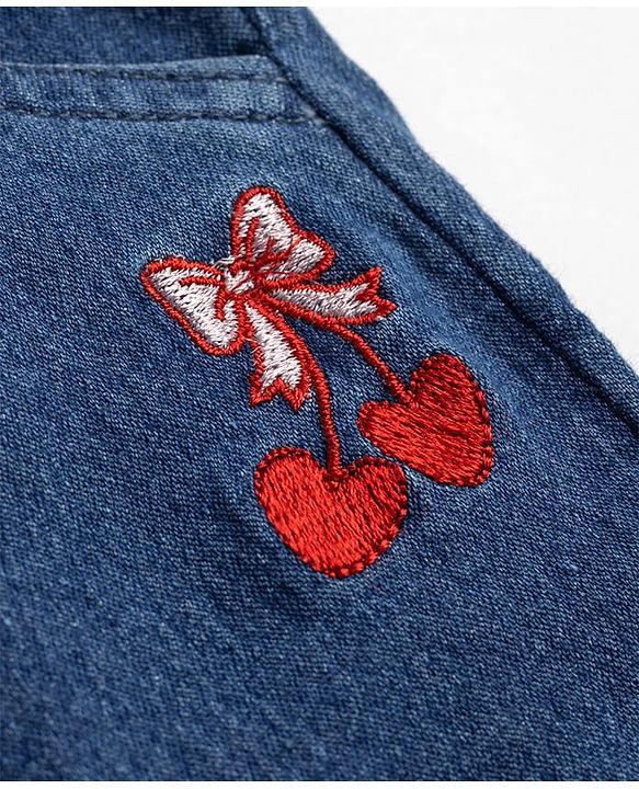 Babyhug 100% Cotton Single Jersey Denim Dungaree & Knit Striped Half Sleeves T-Shirt with Heart Print & Embroidery- Blue