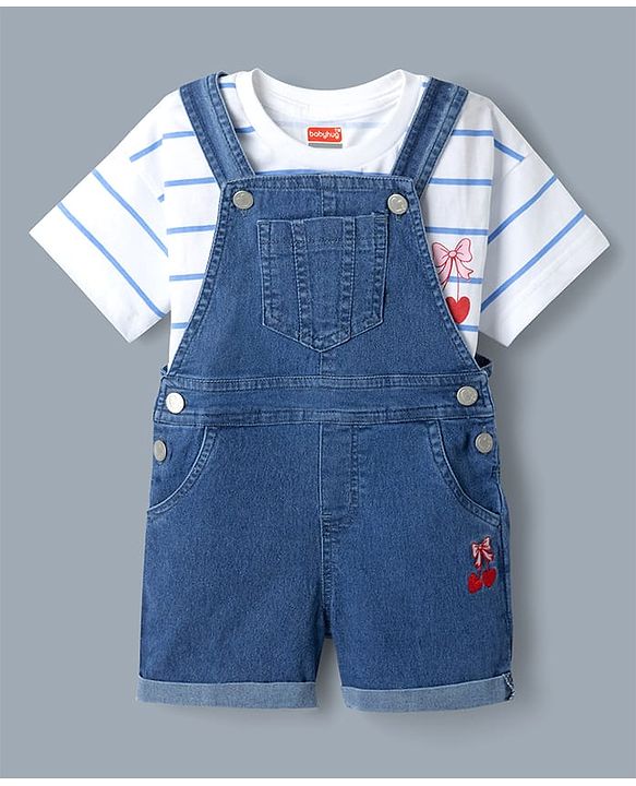 Babyhug 100% Cotton Single Jersey Denim Dungaree & Knit Striped Half Sleeves T-Shirt with Heart Print & Embroidery- Blue