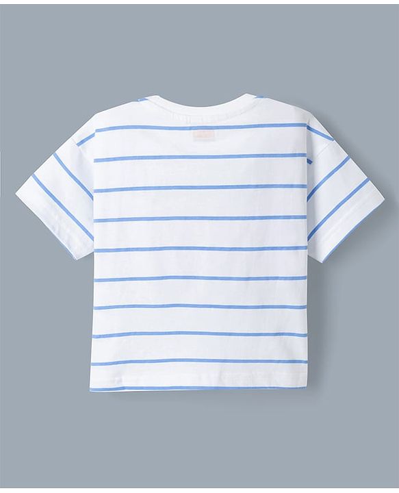 Babyhug 100% Cotton Single Jersey Denim Dungaree & Knit Striped Half Sleeves T-Shirt with Heart Print & Embroidery- Blue