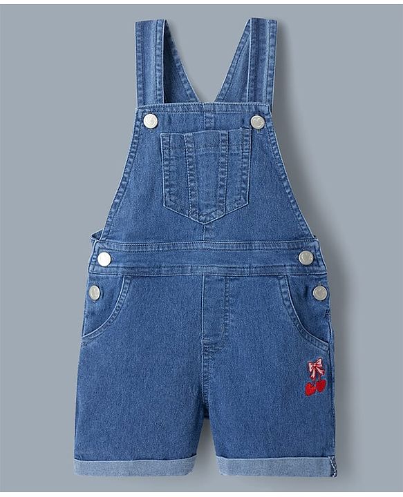 Babyhug 100% Cotton Single Jersey Denim Dungaree & Knit Striped Half Sleeves T-Shirt with Heart Print & Embroidery- Blue