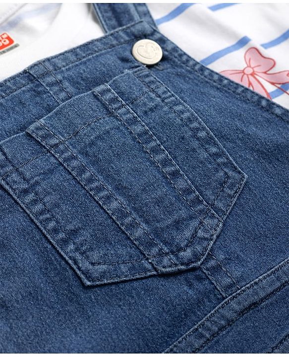 Babyhug 100% Cotton Single Jersey Denim Dungaree & Knit Striped Half Sleeves T-Shirt with Heart Print & Embroidery- Blue