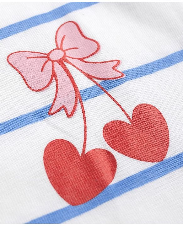 Babyhug 100% Cotton Single Jersey Denim Dungaree & Knit Striped Half Sleeves T-Shirt with Heart Print & Embroidery- Blue
