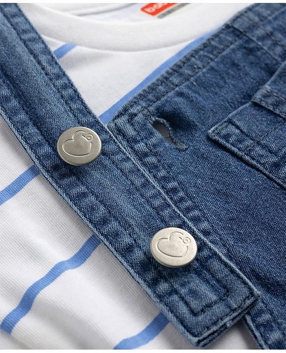 Babyhug 100% Cotton Single Jersey Denim Dungaree & Knit Striped Half Sleeves T-Shirt with Heart Print & Embroidery- Blue