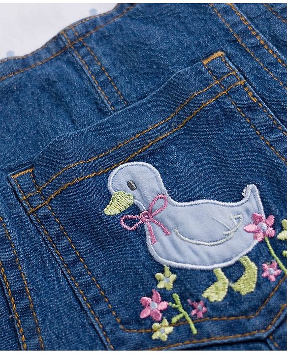 Babyhug 100% Cotton Single Jersey Knit Denim Half Sleeves Polka Dot Printed Tee With Duck Patch Dungaree - White & Navy