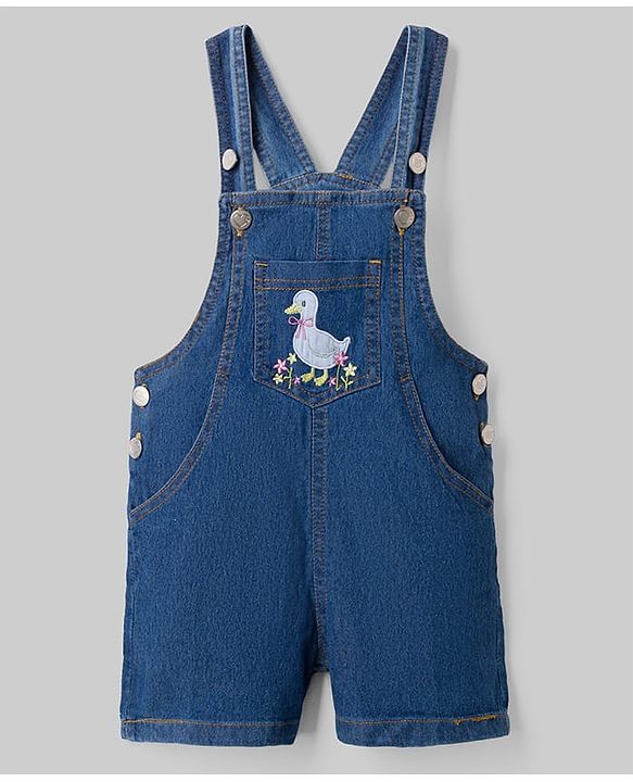 Babyhug 100% Cotton Single Jersey Knit Denim Half Sleeves Polka Dot Printed Tee With Duck Patch Dungaree - White & Navy