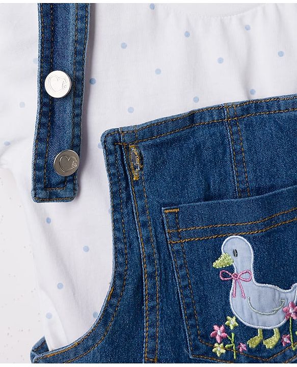 Babyhug 100% Cotton Single Jersey Knit Denim Half Sleeves Polka Dot Printed Tee With Duck Patch Dungaree - White & Navy