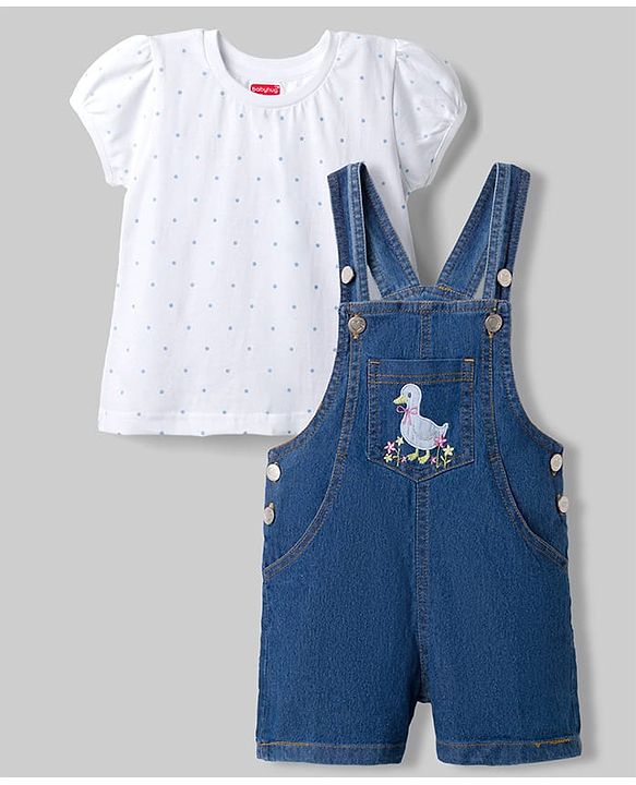 Babyhug 100% Cotton Single Jersey Knit Denim Half Sleeves Polka Dot Printed Tee With Duck Patch Dungaree - White & Navy
