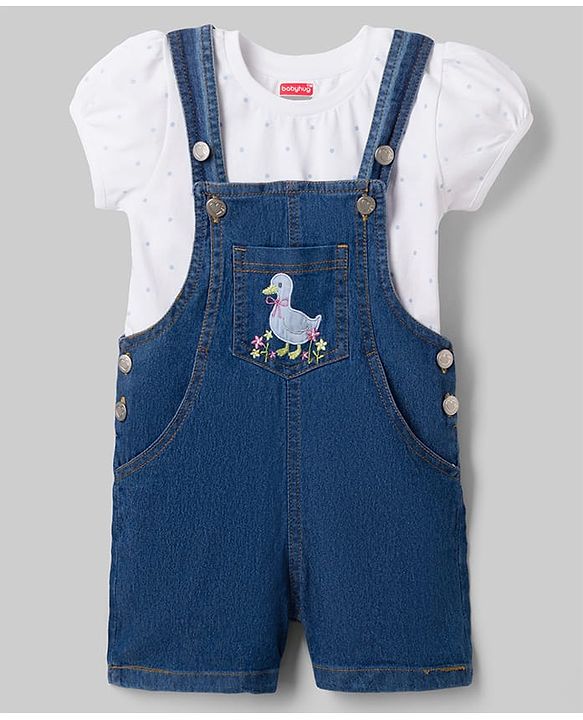 Babyhug 100% Cotton Single Jersey Knit Denim Half Sleeves Polka Dot Printed Tee With Duck Patch Dungaree - White & Navy