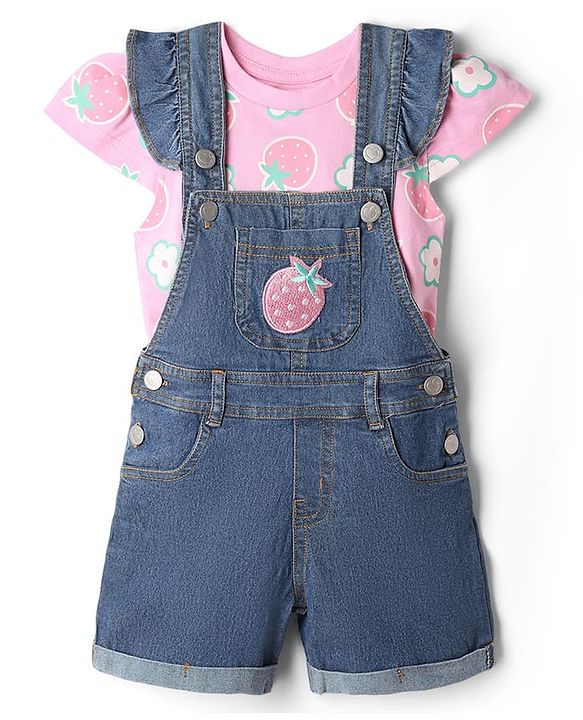 Babyhug 100% Cotton Single Jersey Woven Half Sleeves T-Shirt & Dungaree With Strawberry Print- Pink