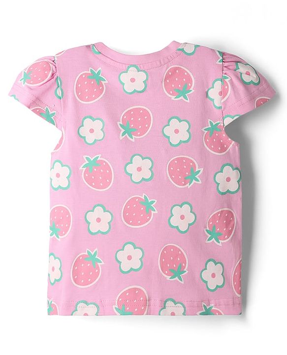 Babyhug 100% Cotton Single Jersey Woven Half Sleeves T-Shirt & Dungaree With Strawberry Print- Pink