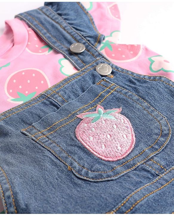 Babyhug 100% Cotton Single Jersey Woven Half Sleeves T-Shirt & Dungaree With Strawberry Print- Pink