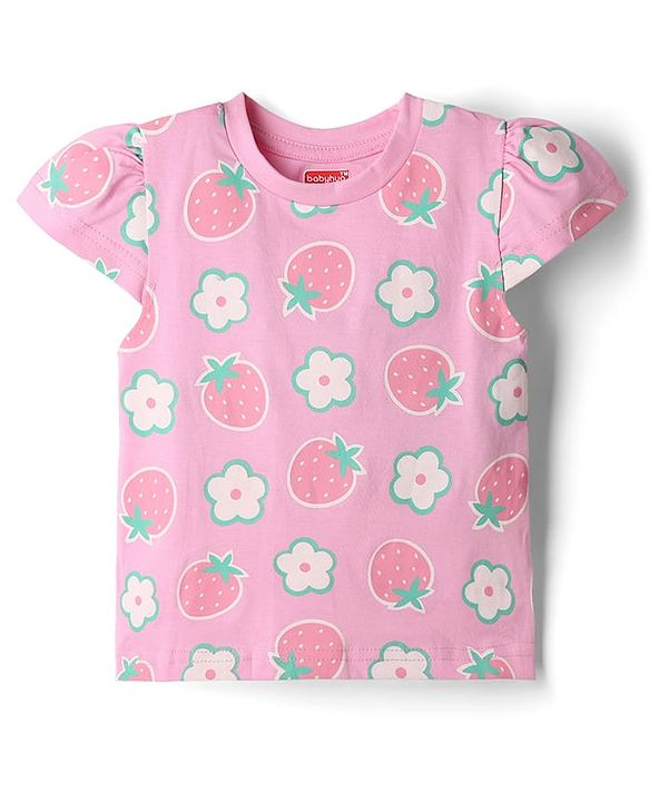 Babyhug 100% Cotton Single Jersey Woven Half Sleeves T-Shirt & Dungaree With Strawberry Print- Pink