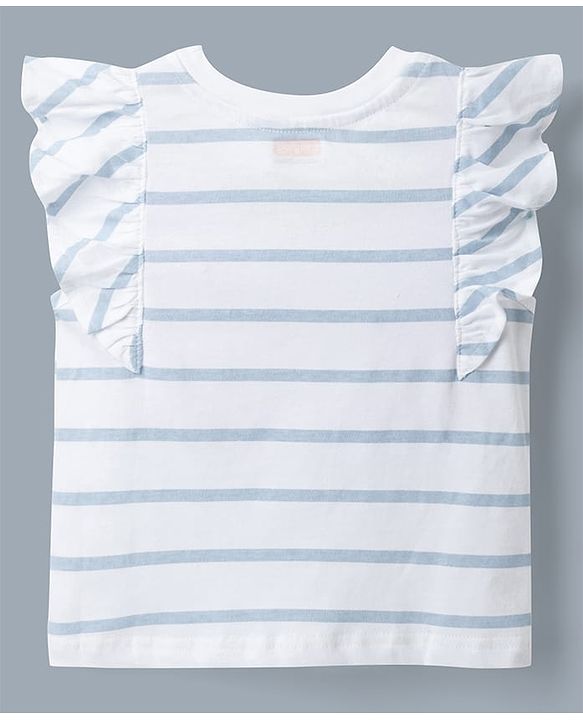 Babyhug 100% Cotton Single Jersey Knit Half Frill Sleeves Striped Top & Denim Dunagree Set With Strawberry & Floral Embroidery - White & Blue