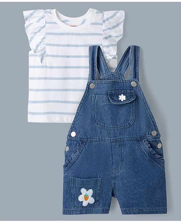 Babyhug 100% Cotton Single Jersey Knit Half Frill Sleeves Striped Top & Denim Dunagree Set With Strawberry & Floral Embroidery - White & Blue