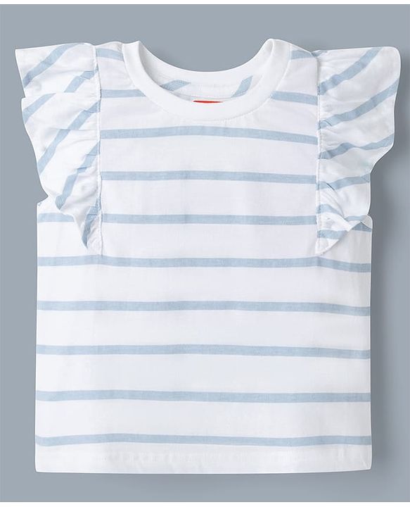 Babyhug 100% Cotton Single Jersey Knit Half Frill Sleeves Striped Top & Denim Dunagree Set With Strawberry & Floral Embroidery - White & Blue