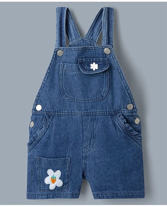 Babyhug 100% Cotton Single Jersey Knit Half Frill Sleeves Striped Top & Denim Dunagree Set With Strawberry & Floral Embroidery - White & Blue