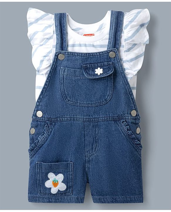 Babyhug 100% Cotton Single Jersey Knit Half Frill Sleeves Striped Top & Denim Dunagree Set With Strawberry & Floral Embroidery - White & Blue