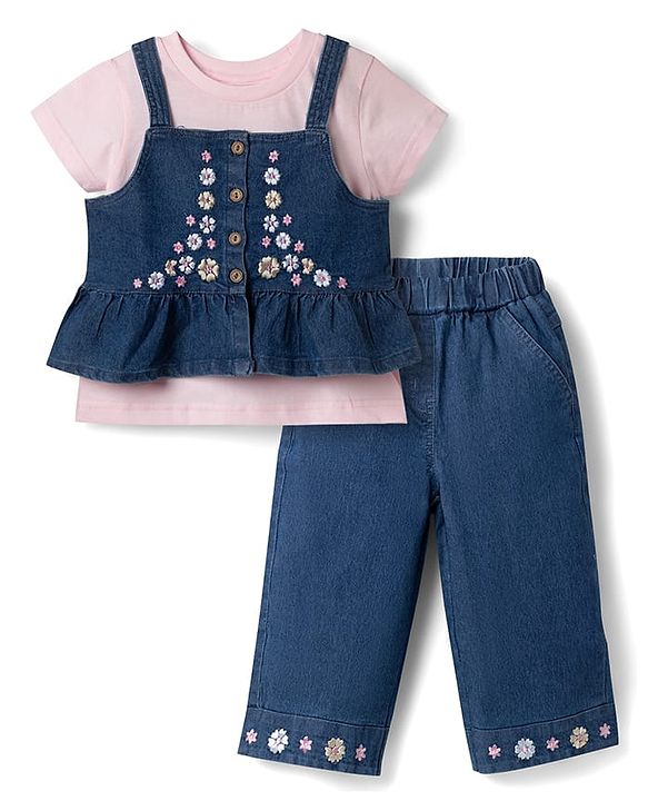 Babyhug Denim Half Sleeves Top & Pant Set With Inner Tee & Floral Embroidery - Navy Blue & Pink
