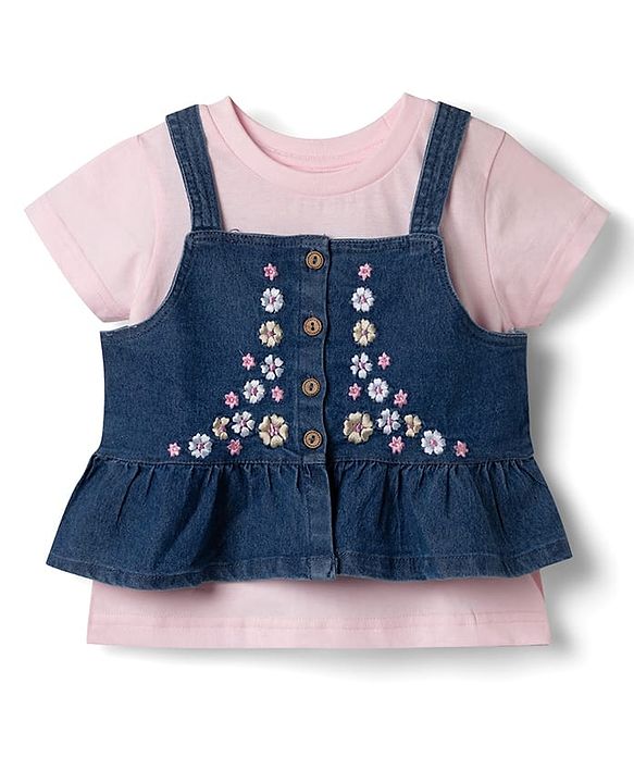 Babyhug Denim Half Sleeves Top & Pant Set With Inner Tee & Floral Embroidery - Navy Blue & Pink