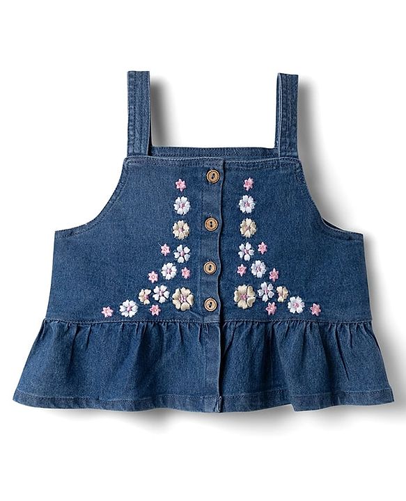Babyhug Denim Half Sleeves Top & Pant Set With Inner Tee & Floral Embroidery - Navy Blue & Pink