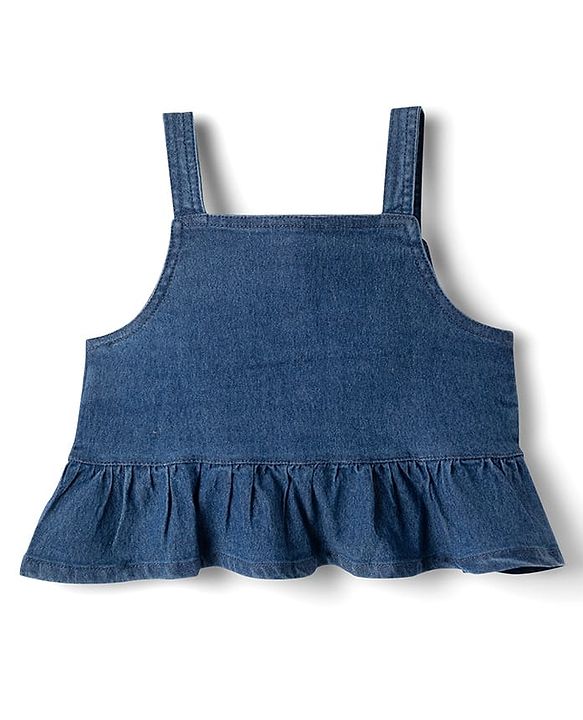 Babyhug Denim Half Sleeves Top & Pant Set With Inner Tee & Floral Embroidery - Navy Blue & Pink