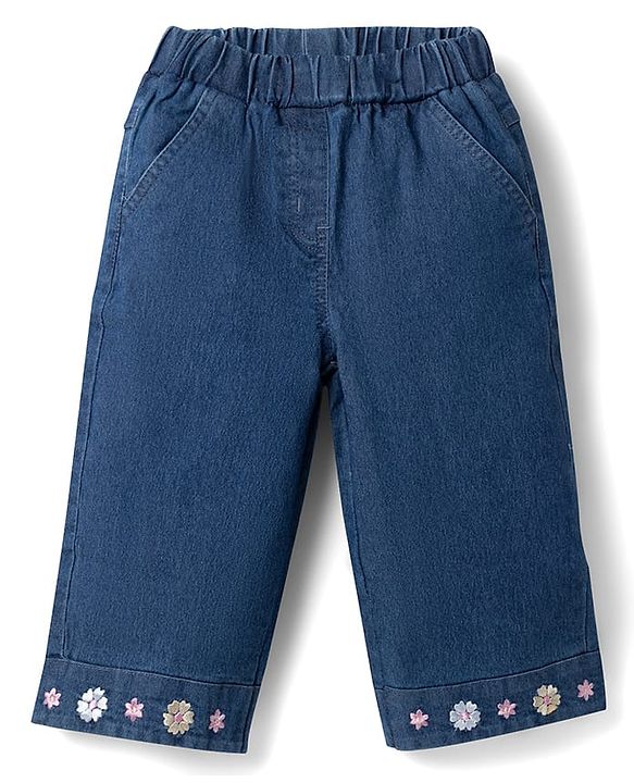 Babyhug Denim Half Sleeves Top & Pant Set With Inner Tee & Floral Embroidery - Navy Blue & Pink